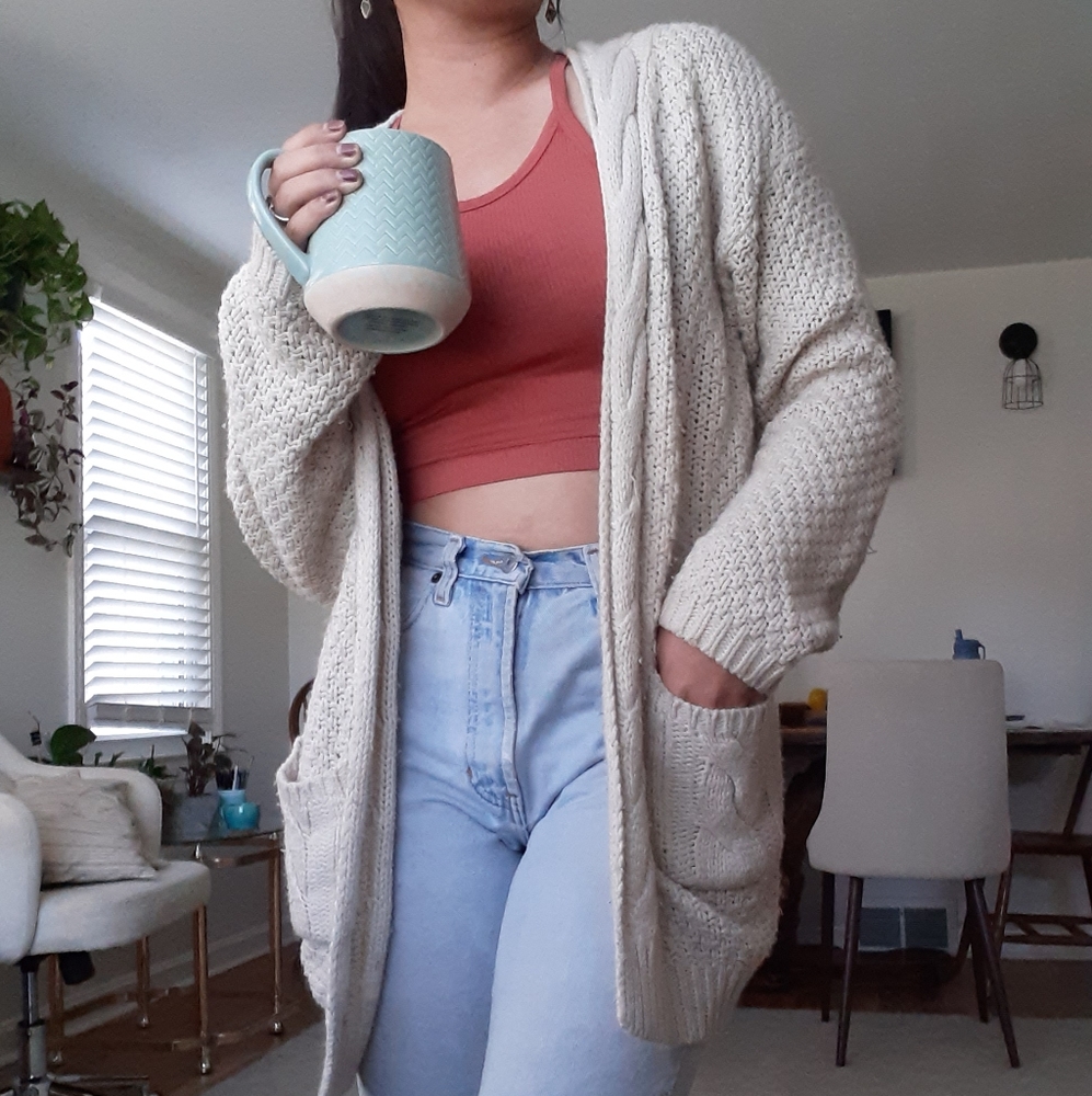 cozy tan cardigan with pockets
